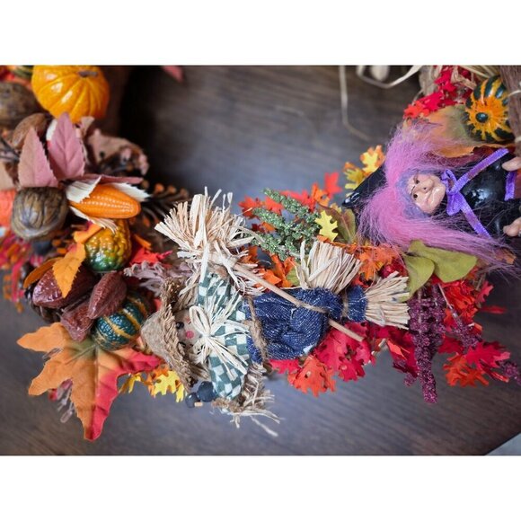 Handcrafted Fall Wreath With Mini Scarecrow & Witch Decor Straw Base Autumn Leav - Picture 5 of 14